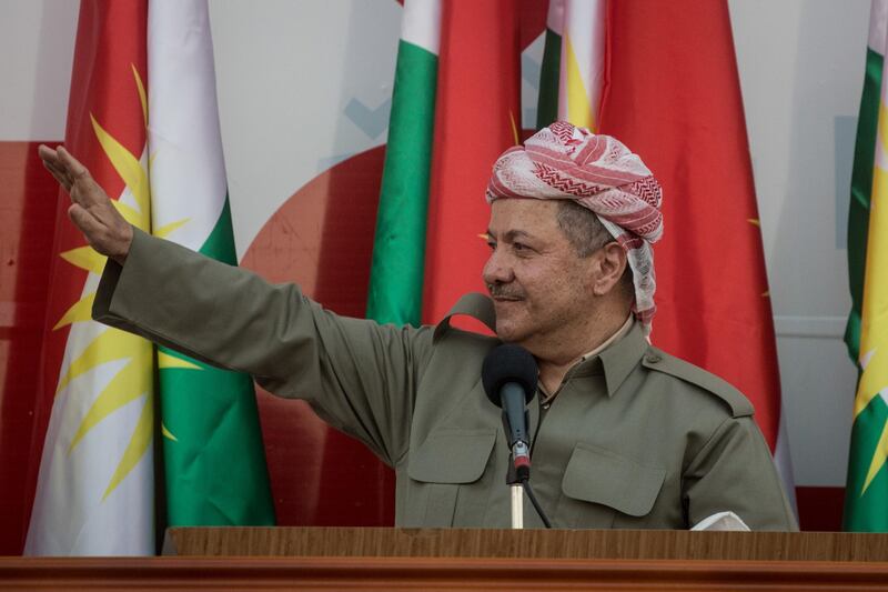 ERBIL, IRAQ - SEPTEMBER 22:  Kurdish President Masoud Barzani speaks to supporters during a rally for the upcoming referendum for independence of Kurdistan on September 22, 2017 in Erbil, Iraq. The Kurdish Regional government is preparing to hold the September 25, independence referendum despite strong objection from neighboring countries and the Iraqi government, which voted Tuesday to reject Kurdistan's referendum and authorized the Prime Minister Haider al-Abadi to take measures against the vote. Despite the mounting pressures Kurdistan President Masoud Barzani continues to campaign and state his determination to go ahead with the vote.  (Photo by Chris McGrath/Getty Images)