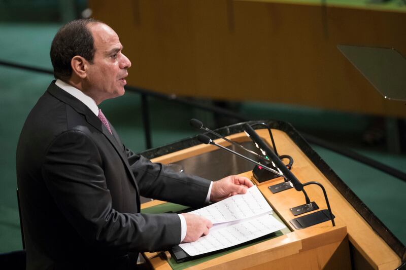 Egyptian President Abdel Fattah Al Sisi speaks during the United Nations General Assembly at U.N. headquarters, Tuesday, Sept. 19, 2017. (AP Photo/Mary Altaffer)