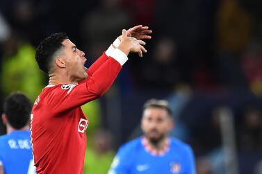 Manchester United's Cristiano Ronaldo reacts during the UEFA Champions League round of 16, second leg soccer match between Manchester United and Atletico Madrid in Manchester, Britain, 15 March 2022.   EPA / PETER POWELL