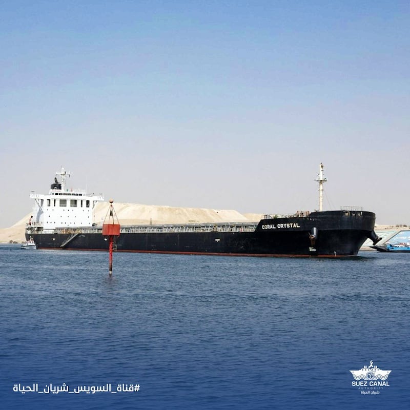 The 'Coral Crystal' cargo ship that ran briefly ran aground in the Suez Canal on September 9, 2021. Photo: Suez Canal Authority