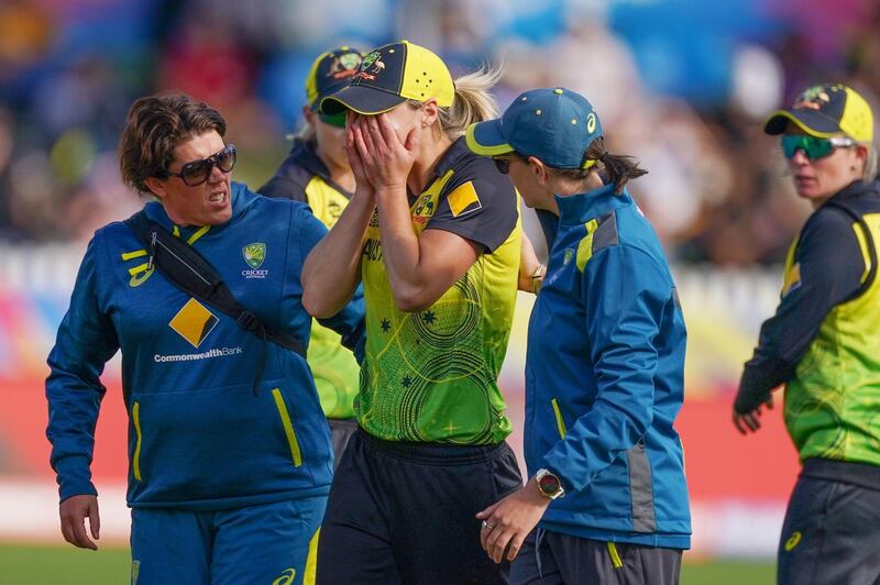 A distraught Ellyse Perry after Australia's star player is forced to leave the field injured during their Women's T20 World Cup cricket match against New Zealand in Melbourne, on Monday, March 2. She was then ruled out of the rest of the tournament.