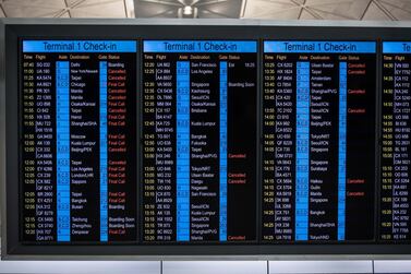 Flight information is displayed on screens at Hong Kong International Airport in Hong Kong, China. The novel coronavirus outbreak will cost the airline industry $63 billion to $113 billion in lost revenue from passengers this year, the International Air Transport Association said. Bloomberg
