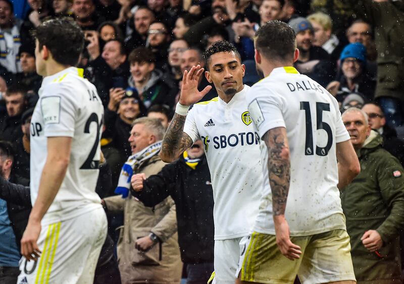 Raphinha of Leeds United celebrates after scoring the equaliser. EPA