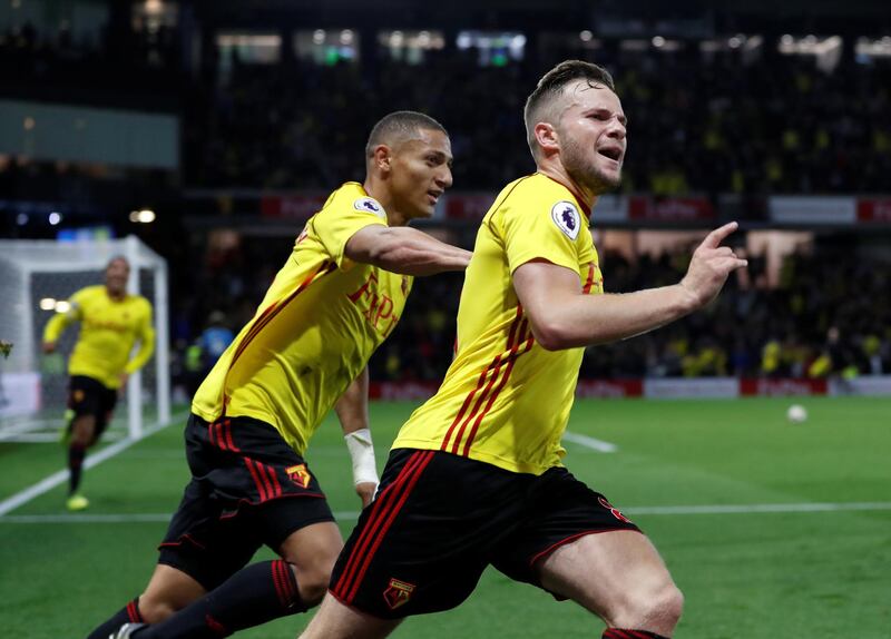 Soccer Football - Premier League - Watford vs Arsenal - Vicarage Road, Watford, Britain - October 14, 2017   Watford's Tom Cleverley celebrates scoring their second goal with Richarlison     Action Images via Reuters/Paul Childs    EDITORIAL USE ONLY. No use with unauthorized audio, video, data, fixture lists, club/league logos or "live" services. Online in-match use limited to 75 images, no video emulation. No use in betting, games or single club/league/player publications. Please contact your account representative for further details.