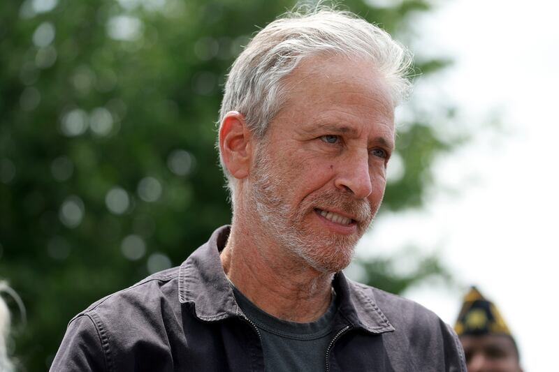 Jon Stewart speaks during a press conference about the Sergeant First Class Heath Robinson Honoring Our Promise to Address Comprehensive Toxics Act of 2022 in Washington. Getty Images / AFP
