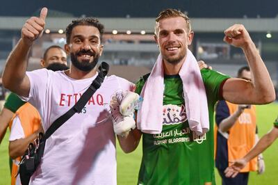 Al Ettifaq's Jordan Henderson celebrates his team's win in the Saudi Pro League match against Al Nassr at the Prince Mohamed bin Fahd Stadium in Dammam. AFP