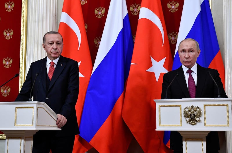 Russian President Vladimir Putin and his Turkish counterpart Recep Tayyip Erdogan hold a joint press conference following their meeting at the Kremlin in Moscow, Russia, January 23, 2019. Aleksander Nemenov/Pool via REUTERS