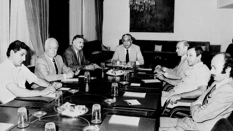 President Elias Sarkis, center, presides over the first meeting of the Salvation Committee to save Lebanon in 1982. Fouad Boutros is on his left (third from the right in the picture). (AP