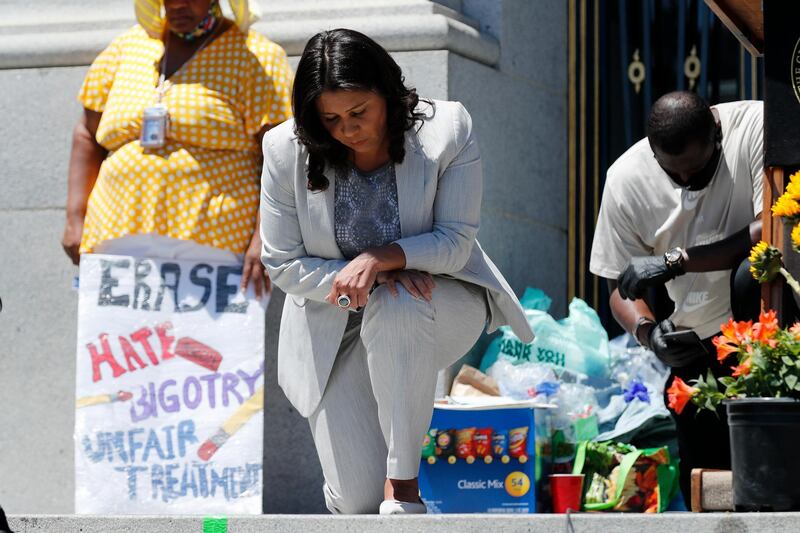San Francisco Mayor London Breed the first African-American woman mayor in the city's history, takes a knee with protesters for eight minutes and forty-six seconds to participate in a Kneeling for Justice demonstration.  EPA