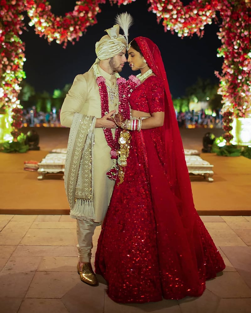 The couple shared this beautiful shot of their Hindu ceremony on Twitter and Instagram. Priyanka Chopra / Instagram 