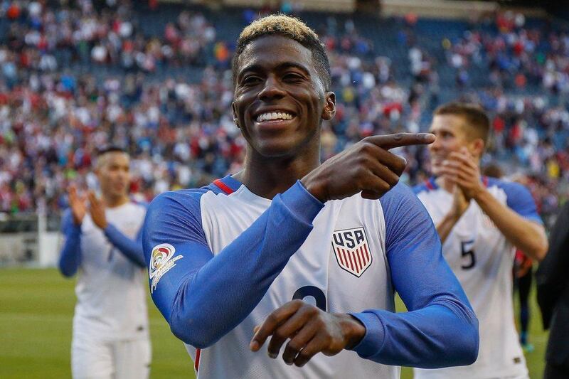 Gyasi Zardes #9 of the United States gestures as he walks off the pitch after defeating Ecuador 2-1 in the 2016 Quarterfinal - Copa America Centenario match at CenturyLink Field on June 16, 2016 in Seattle, Washington. Otto Greule Jr/Getty Images/AFP