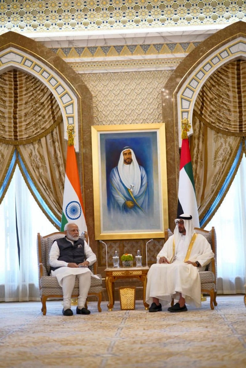 Mohamed bin Zayed receives Indian Prime Minister Narendra Modi at Qasr Al Watan, where he was accorded an official reception
