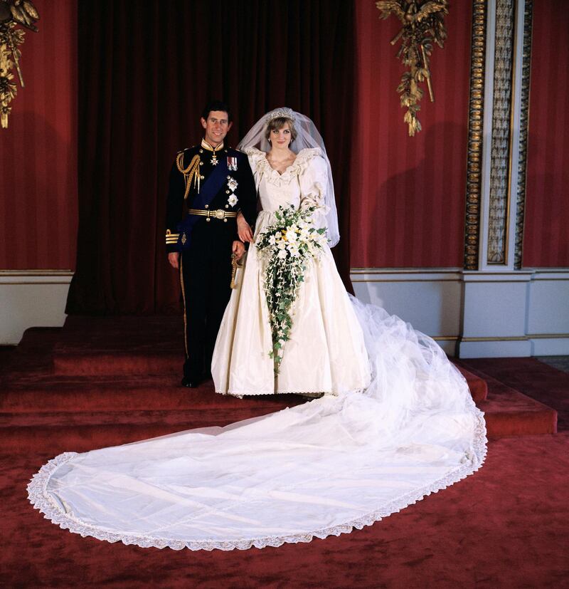 LONDON,UNITED KINGDOM - JULY 29: Diana, Princess of Wales and Prince Charles pose for the official photograph by Lord Lichfield in Buckingham Palace at their wedding on July 29, 1981 in St. Pauls Cathedral, London. (Photo by David Levenson/Getty Images)