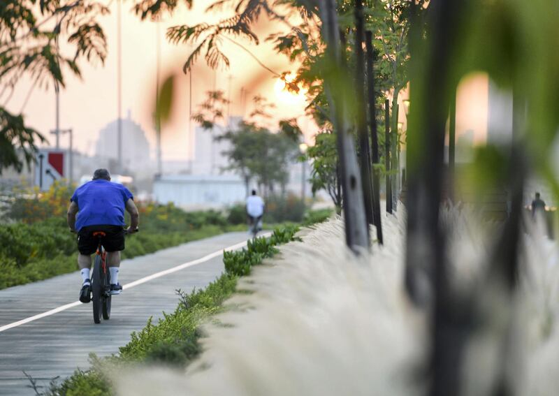 Sunset-AD Cyclists seen at the Al Gurm Corniche in Abu Dhabi on May 18, 2021. Khushnum Bhandari / The National 
Reporter: N/A News
