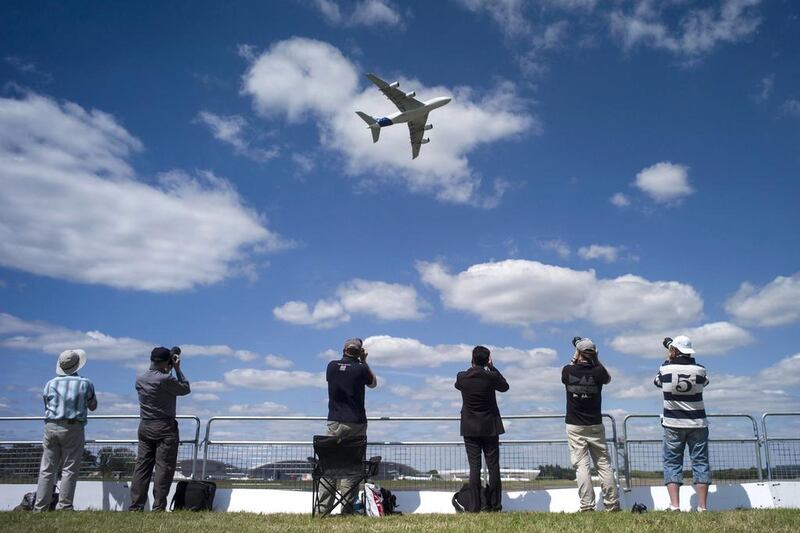 An Airbus A380 performs a manoeuvre during its display at the Farnborough International Airshow. Qatar Airways has yet to receive its first A380 delivery after one of the airline’s inspection teams found deficiencies in the cabin. Kieran Doherty / Reuters