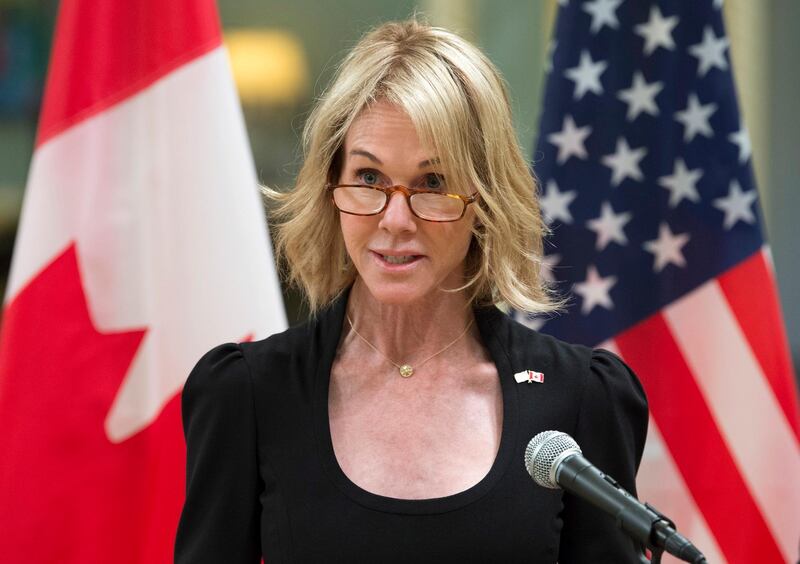 FILE - In this Oct. 23, 2017, file photo, United States Ambassador to Canada Kelly Knight Craft speaks after presenting her credentials during a ceremony at Rideau Hall in Ottawa. (Adrian Wyld/The Canadian Press via AP)