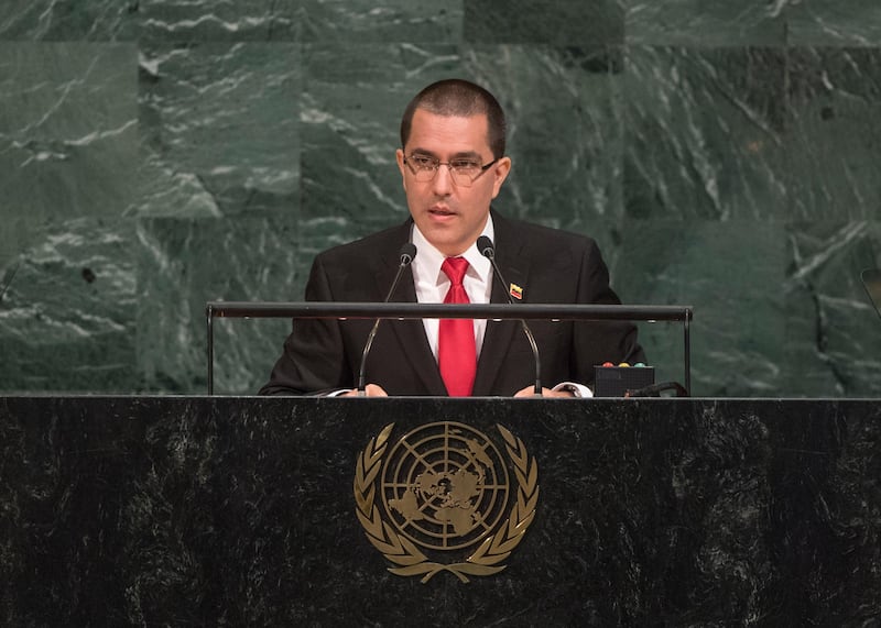 Foreign Minister Jorge Arreaza of Venezuela addresses the United Nations General Assembly, at U.N. headquarters, Monday, Sept. 25, 2017. (Cia Pak/UN Photo via AP)