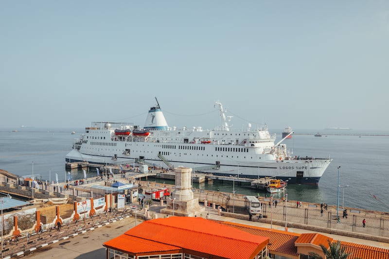 Logos Hope berthed at Port Said on the Mediterranean Sea this month. The 50-year-old ship is 132 metres long and carries 1,100 cubic metres of space for books in its library.