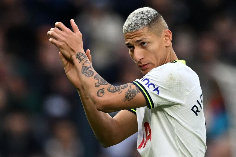 Tottenham Hotspur's Brazilian striker Richarlison applauds the fans as he leaves the pitch after being substituted off during the English Premier League football match between Tottenham Hotspur and Nottingham Forest at Tottenham Hotspur Stadium in London, on March 11, 2023.  (Photo by JUSTIN TALLIS / AFP) / RESTRICTED TO EDITORIAL USE.  No use with unauthorized audio, video, data, fixture lists, club/league logos or 'live' services.  Online in-match use limited to 120 images.  An additional 40 images may be used in extra time.  No video emulation.  Social media in-match use limited to 120 images.  An additional 40 images may be used in extra time.  No use in betting publications, games or single club/league/player publications.   /  