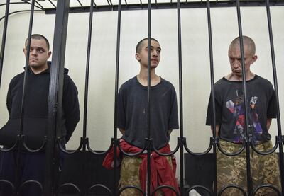 Aiden Aslin, Brahim Saadoun and Shaun Pinner were sentenced to death by a court in the self-proclaimed Donetsk People's Republic last month. EPA 