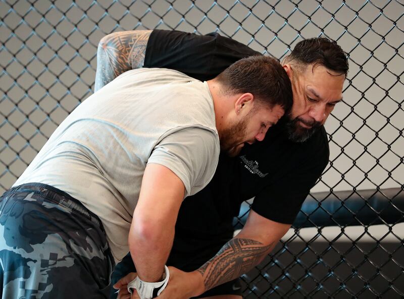 Tai Tuivasa trains with training partner Vice at Wellfit, JVC in ahead of his UFC heavyweight fight in Paris, France. 
