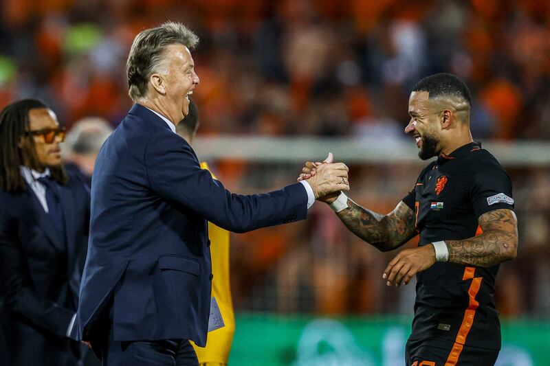 Netherlands coach Louis van Gaal and Memphis Depay after the match. EPA