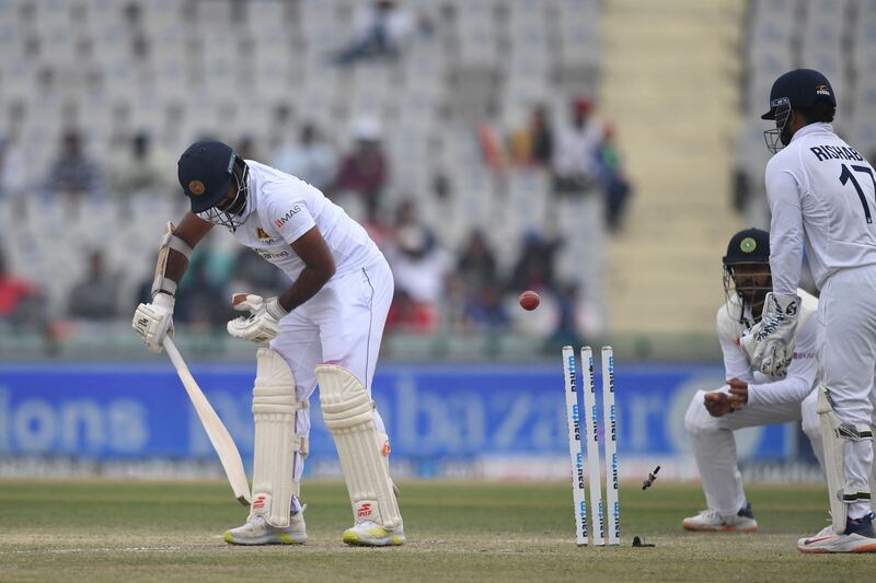 Sri Lanka's Lahiru Kumara is cleaned bowled by India's Ravindra Jadeja. AFP