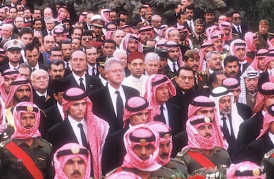 346480 12: President Clinton joins the funeral procession of King Hussein February 8, 1999 in Amman, Jordan. There were more than 40 kings, presidents, prime ministers, and other leaders, and an estimated 800,000 Jordanians arriving to pay their respects to the Middle East peace leader. (Photo by Scott Peterson/Liaison)