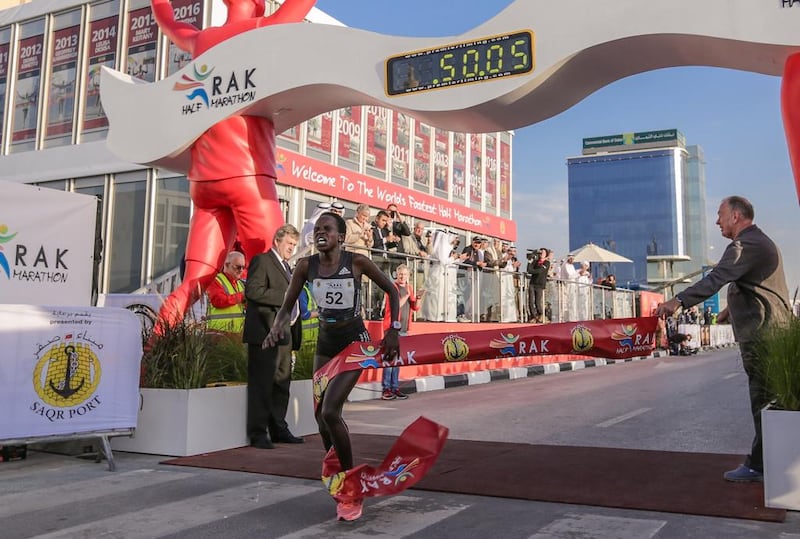 Peres Jepchirchir of Kenya broke the women's half marathon world record in Ras Al Khaimah on February 10, 2017, with a time of 1:05:06. Victor Besa for The National

