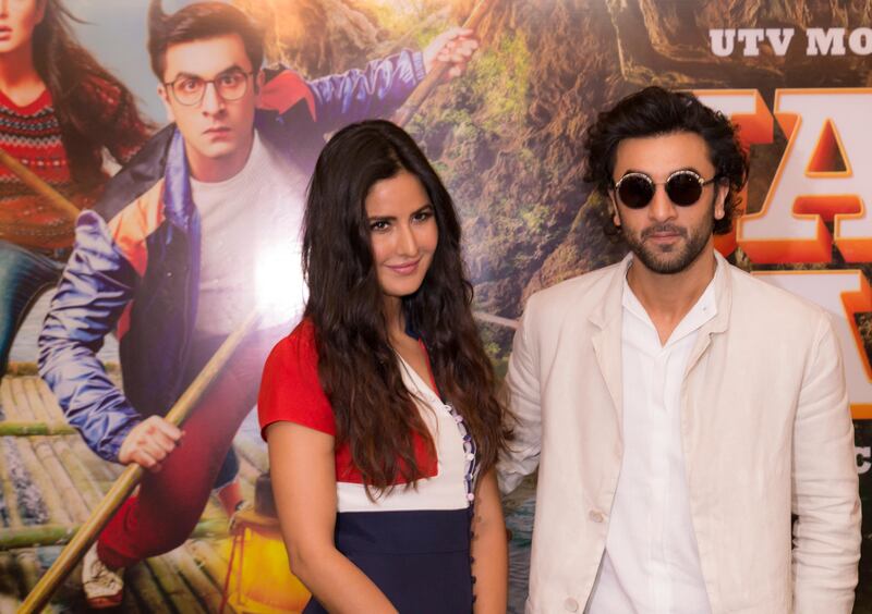 Bollywood actors Ranbir Kapoor and Katrina Kaif pose for the cameras at the press conference for their new action adventure movie Jagga Jasoos. Navin Khianey for The National