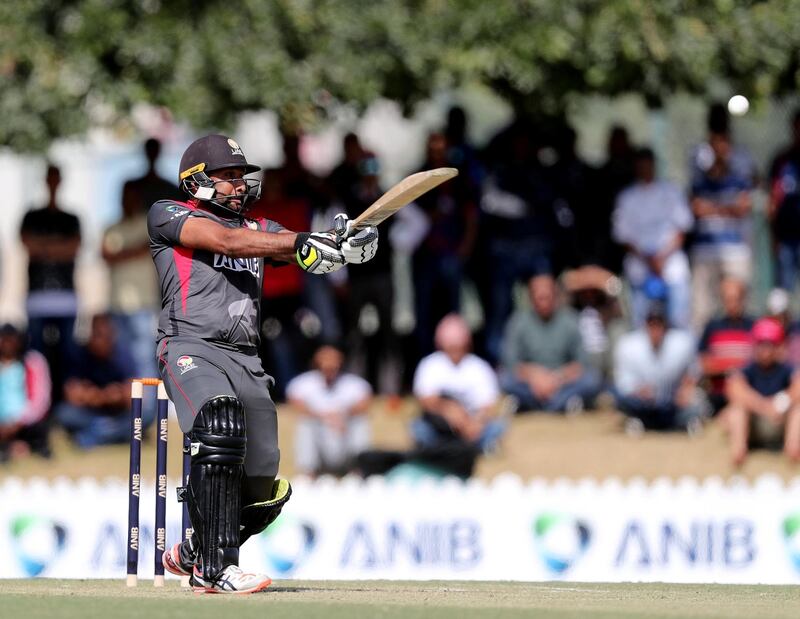 Dubai, United Arab Emirates - January 31, 2019: Ghulam Shabber of the UAE bats in the the match between the UAE and Nepal in an international T20 series. Thursday, January 31st, 2019 at ICC, Dubai. Chris Whiteoak/The National