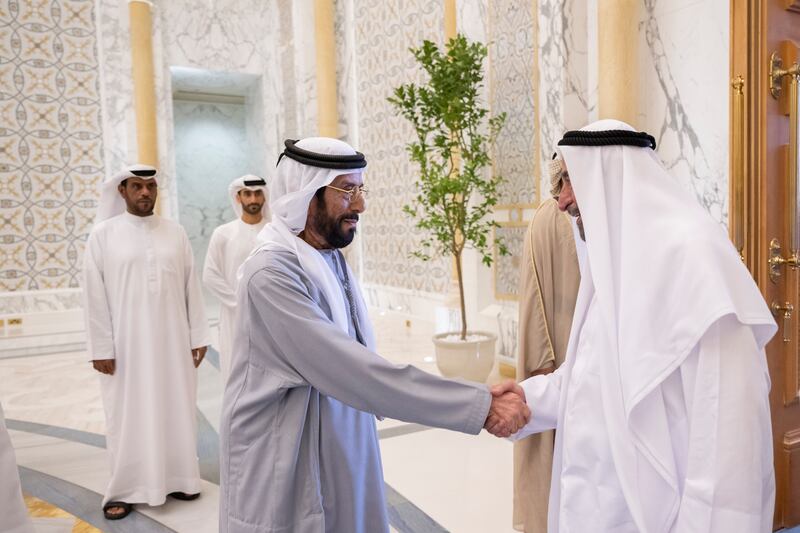 Sheikh Tahnoun bin Mohammed, Ruler's Representative in Al Ain Region, greets Sheikh Dr Sultan bin Muhammad Al Qasimi