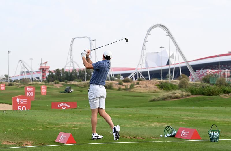 Rory McIlroy on the driving range at Yas Links Golf Course. Getty