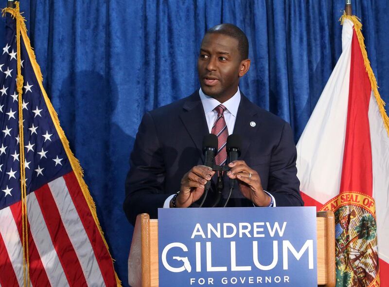 Andrew Gillum the Democrat candidate for governor speaks at a news conference on Saturday, Nov. 10, 2018, in Tallahassee, Fla.   Gillum has withdrawn his concession in the Florida gubernatorial race following a recount.
"I am replacing my words of concession with an uncompromised and unapologetic call that we count every single vote," Gillum said. (AP Photo/Steve Cannon)