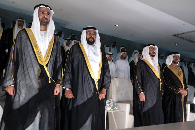 ABU DHABI, UNITED ARAB EMIRATES - December 02, 2018: (L-R) HH Sheikh Mohamed bin Saud bin Saqr Al Qasimi, Crown Prince and Deputy Ruler of Ras Al Khaimah, HH Sheikh Tahnoon bin Mohamed Al Nahyan, Ruler's Representative in Al Ain Region, HH Sheikh Hamdan bin Zayed Al Nahyan, Ruler���s Representative in Al Dhafra Region and HH Sheikh Saif bin Mohamed Al Nahyan, stand for the UAE national anthem, during the 47th UAE National Day celebrations 'This is Zayed, This is UAE', at Zayed Sports City.

( Abdullah Al Junaibi )
---