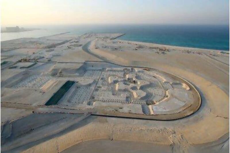 An aerial view shows the construction site of the Zayed National Museum on Saadiyat Island.