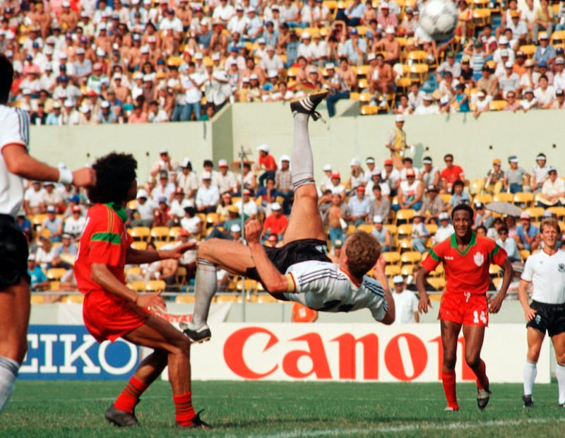 Karl-Heinz Rummenigge attempts an overhead kick during the World Cup match between Morocco and Germany on June 17, 1986 in Monterrey, Mexico. Getty Images