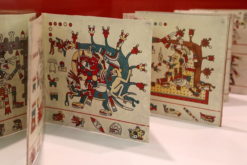 ABU DHABI ,  UNITED ARAB EMIRATES , May 13 – 2019 :- Ancient Mexican artefacts called Codices of Mexico: The Old Books of the New World on display at Qasr Al Watan Library in Abu Dhabi. This one is Codex Laud , Facsimile of the original , Deer parchment and natural pigments. ( Pawan Singh / The National ) For Arts & Life. Story by Katy Gillett