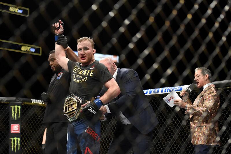 Justin Gaethje of the United States celebrates after defeating compatriot Tony Ferguson in their interim lightweight title fight during UFC 249 at VyStar. Getty