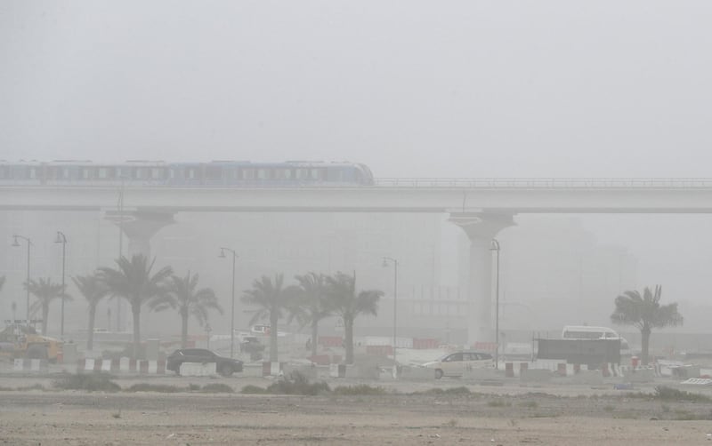 DUBAI, UNITED ARAB EMIRATES , July 21 – 2020 :- Traffic during the sandstorm in Discovery Gardens area in Dubai.  (Pawan Singh / The National) For News/Standalone/Online/Stock