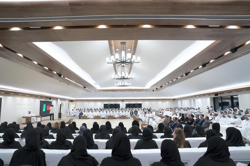 ABU DHABI, UNITED ARAB EMIRATES - May 13, 2019: Guests attend a lecture by Dr Beau Lotto (not shown) titled 'The Science of Innovation: Becoming Naturally Adaptable', at Majls Mohamed bin Zayed. 

( Eissa Al Hammadi / Ministry of Presidential Affairs )
---