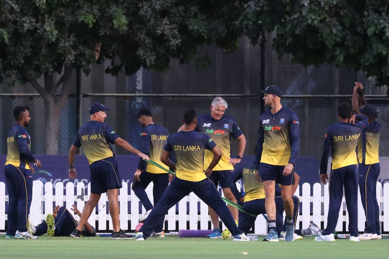 Sri Lanka's players attend a practice session ahead of their cricket match against Afghanistan during the Asia Cup. AFP