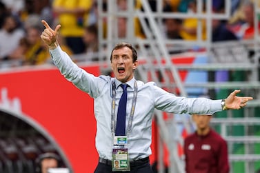 UAE's Argentine coach Rodolfo Arruabarrena reacts during the FIFA World Cup 2022 play-off qualifier football match between UAE and Australia at Ahmad bin Ali stadium in Qatar's Ar-Rayyan on June 7, 2022.  (Photo by KARIM JAAFAR  /  AFP)