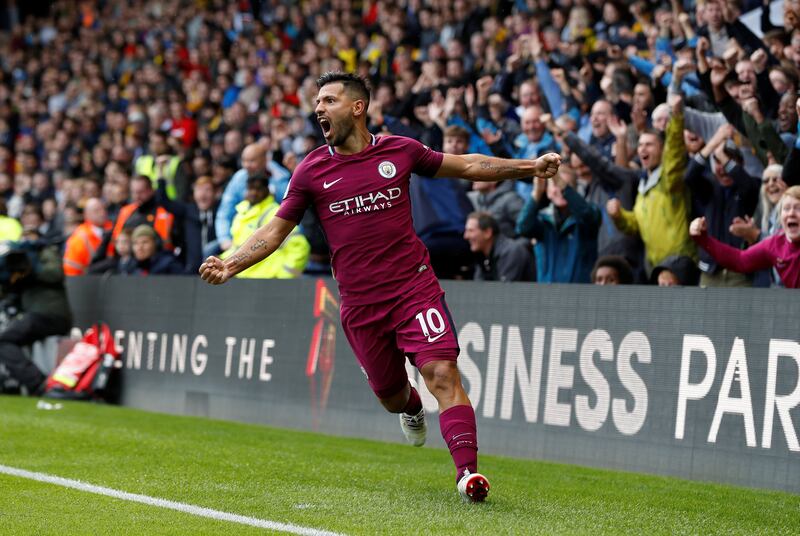 Soccer Football - Premier League - Watford vs Manchester City - Vicarage Road, Watford, Britain - September 16, 2017   Manchester City's Sergio Aguero celebrates scoring their fifth goal completing his hat-trick      REUTERS/Darren Staples    EDITORIAL USE ONLY. No use with unauthorized audio, video, data, fixture lists, club/league logos or "live" services. Online in-match use limited to 75 images, no video emulation. No use in betting, games or single club/league/player publications. Please contact your account representative for further details.