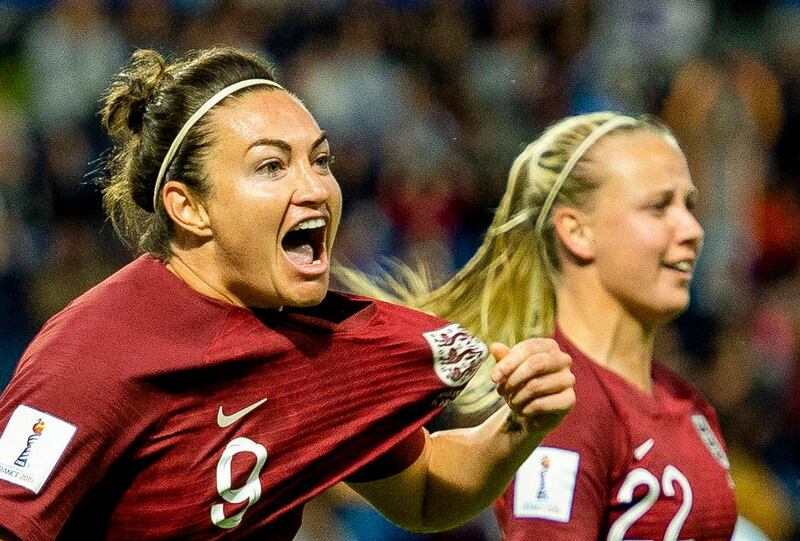 epaselect epa07648983 England's Jodie Taylor celebrates scoring the opening goal during the FIFA Women's World Cup 2019 Group D match between England and Argentina in Le Havre, France, 14 June 2019.  EPA/PETER POWELL .