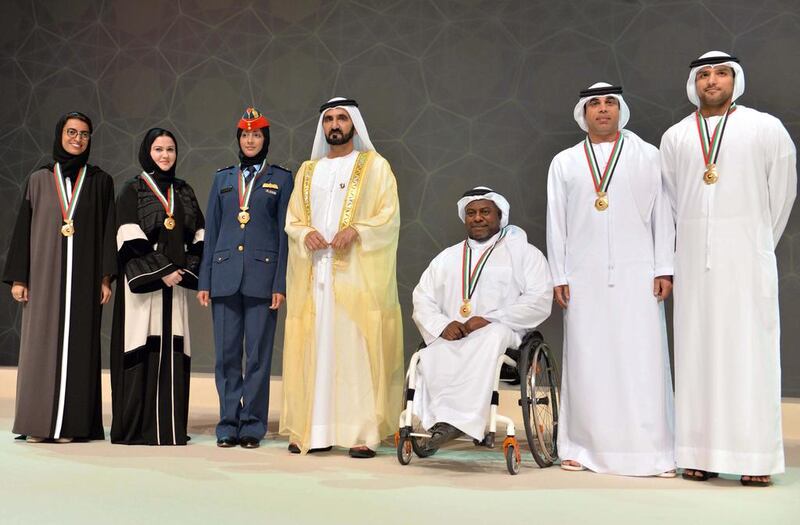 Sheikh Mohammed bin Rashid, Vice President and Ruler of Dubai, with some of the winners at the awards ceremony. Wam