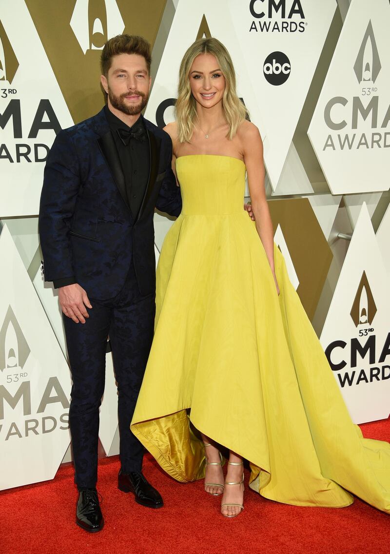 Chris Lane and Lauren Lane arrive at the 53rd annual CMA Awards in Nashville on November 13, 2019. AP