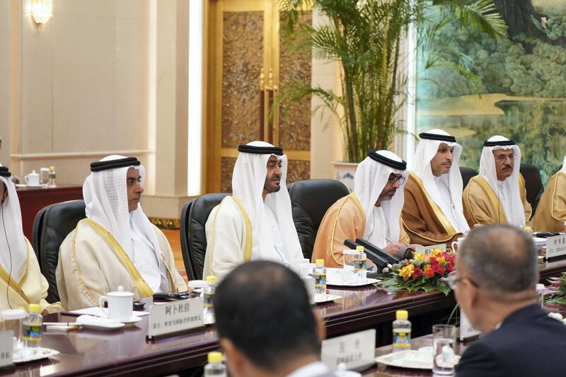 BEIJING, CHINA - July 22, 2019: HH Sheikh Mohamed bin Zayed Al Nahyan, Crown Prince of Abu Dhabi and Deputy Supreme Commander of the UAE Armed Forces (2nd L), meets with HE Li Keqiang, Premier of the State Council of China (not shown), at the Great Hall of the People. Seen with HH Lt General Sheikh Saif bin Zayed Al Nahyan, UAE Deputy Prime Minister and Minister of Interior (L), HH Sheikh Hamed bin Zayed Al Nahyan, Chairman of the Crown Prince Court of Abu Dhabi and Abu Dhabi Executive Council Member (3rd L), HE Khaldoon Khalifa Al Mubarak, CEO and Managing Director Mubadala, Chairman of the Abu Dhabi Executive Affairs Authority and Abu Dhabi Executive Council Member (4th L) and HE Sultan bin Saeed Al Mansouri, UAE Minister of Economy (R).

( Rashed Al Mansoori / Ministry of Presidential Affairs )
---