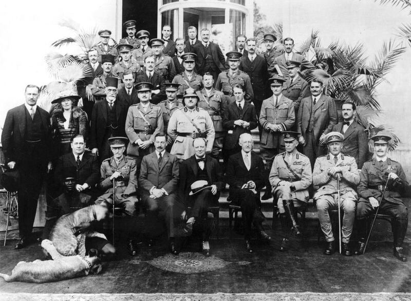 Winston Churchill, at the time Britain’s colonial secretary, is front and centre at the 1921 Cairo conference that set Iraq’s borders. Also in the picture are the Arabist Gertrude Bell (second from left, second row) and Lawrence of Arabia (fourth from right, second row). Getty Images