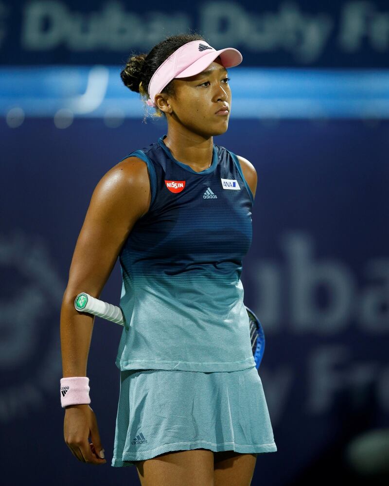 Japan's world No 1 Naomi Osaka in action during her 6-3, 6-3 second-round defeat to Kristina Mladenovic of France at the Dubai Duty Free Tennis Championships on Tuesday night. EPA